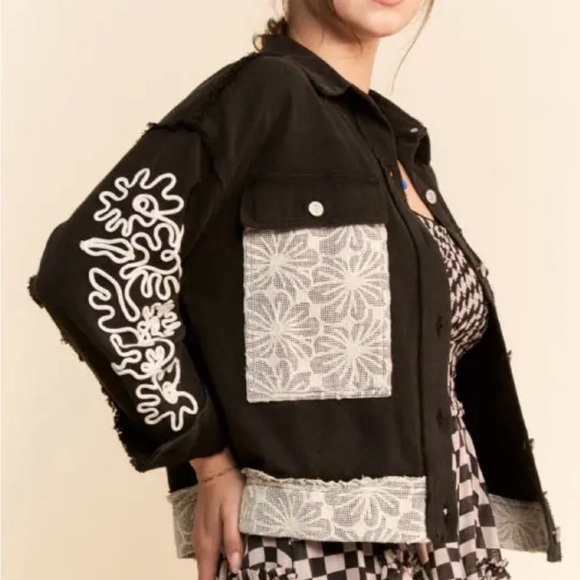 DAVI & DANI Jackets & Blazers - DAVI & DANI Black Embroidered Patchwork Jean Jacket